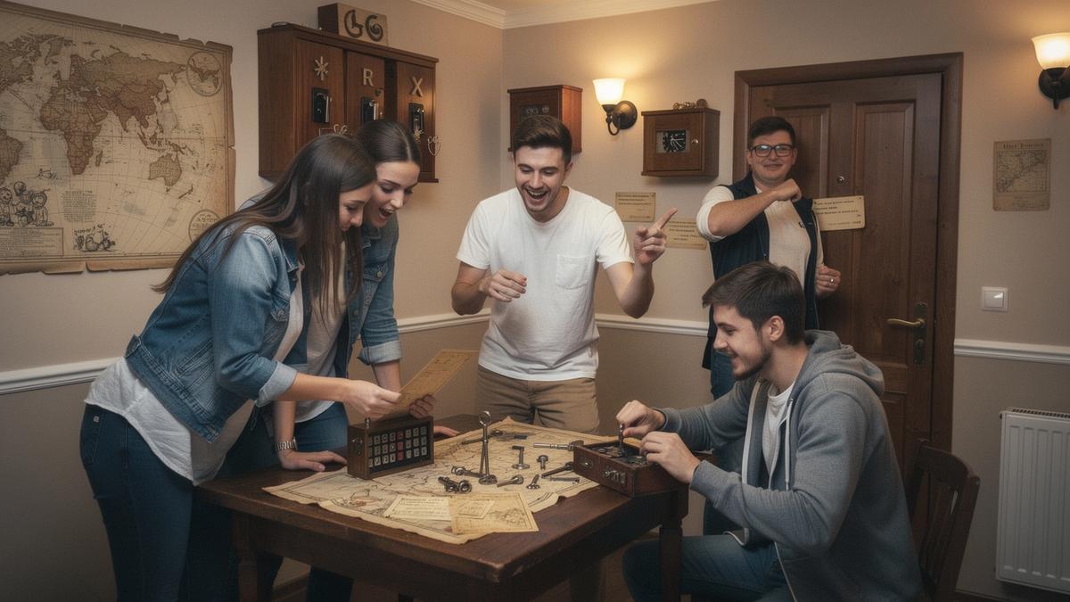 Friends playing a quest room puzzle together before their time slot